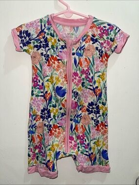 Little Sleepies Multicolor Floral Zip Front Romper Sleeper Pink Trim Sz 12/18M